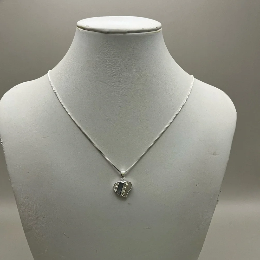 Contemporary Sterling Silver Gray and Blue Heart Necklace with Crystals